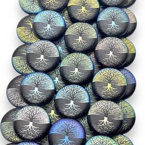 Czech glass laser tattoo tree of life coin beads 8pc matte black AB 17mm