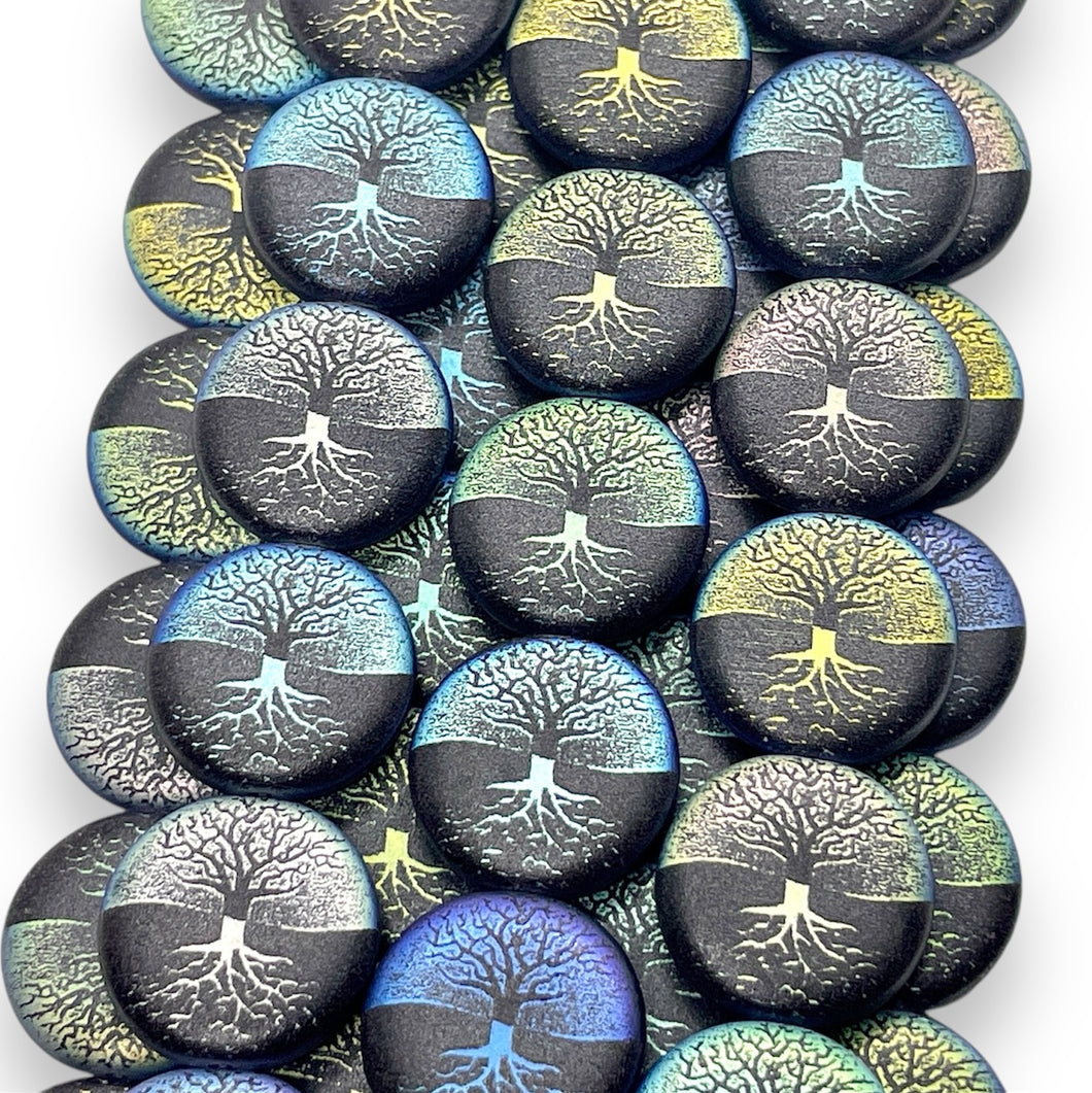 Czech glass laser tattoo tree of life coin beads 8pc matte black AB 17mm