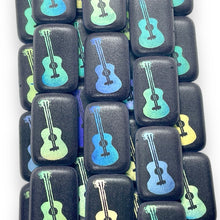 Load image into Gallery viewer, Czech glass laser tattoo guitar rectangle beads 6pc black AB 18x12mm
