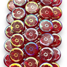 Load image into Gallery viewer, Czech glass laser tattoo poppy flower coin beads red AB 14mm
