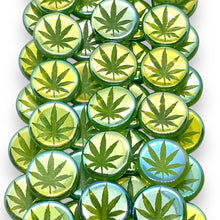 Load image into Gallery viewer, Czech glass laser tattoo cannabis leaf coin beads 8pc green AB 14mm
