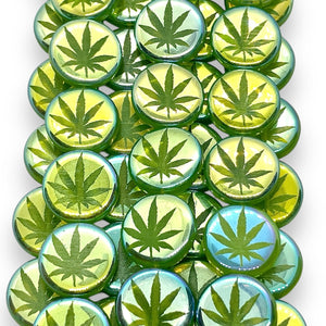 Czech glass laser tattoo cannabis leaf coin beads 8pc green AB 14mm