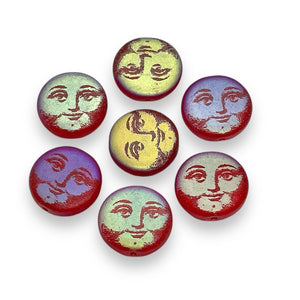 Czech glass laser tattoo full moon face coin beads 8pc red AB 14mm