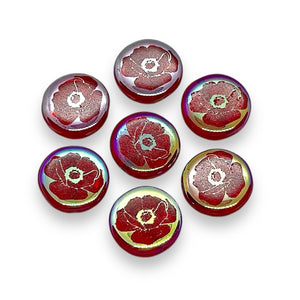 Czech glass laser tattoo poppy flower coin beads red AB 14mm