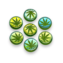 Load image into Gallery viewer, Czech glass laser tattoo cannabis leaf coin beads 8pc green AB 14mm
