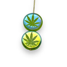 Load image into Gallery viewer, Czech glass laser tattoo cannabis leaf coin beads 8pc green AB 14mm
