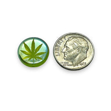 Load image into Gallery viewer, Czech glass laser tattoo cannabis leaf coin beads 8pc green AB 14mm
