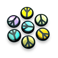 Load image into Gallery viewer, Czech glass laser tattoo peace sign coin beads 8pc black AB 17mm
