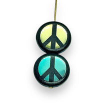 Load image into Gallery viewer, Czech glass laser tattoo peace sign coin beads 8pc black AB 17mm
