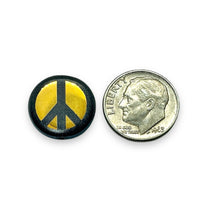 Load image into Gallery viewer, Czech glass laser tattoo peace sign coin beads 8pc black AB 17mm
