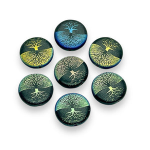 Czech glass laser tattoo tree of life coin beads 8pc matte black AB 17mm