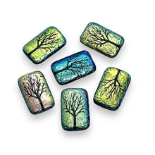 Load image into Gallery viewer, Czech glass rectangle laser tattoo winter tree beads 6pc etched jet black AB 18x12mm
