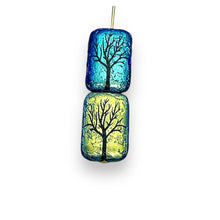 Load image into Gallery viewer, Czech glass rectangle laser tattoo winter tree beads 6pc etched jet black AB 18x12mm
