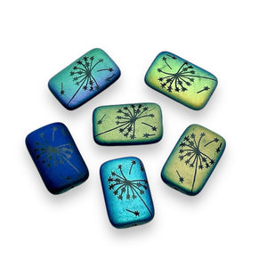 Czech glass laser tattoo dandelion rectangle beads 6pc black AB 18x12mm