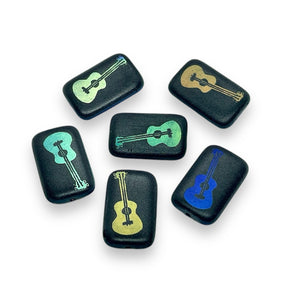 Czech glass laser tattoo guitar rectangle beads 6pc black AB 18x12mm