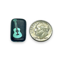 Load image into Gallery viewer, Czech glass laser tattoo guitar rectangle beads 6pc black AB 18x12mm
