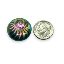 Load image into Gallery viewer, Czech glass laser tattoo nautilus puffed coin beads 4pc jet iris 20mm
