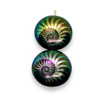 Load image into Gallery viewer, Czech glass laser tattoo nautilus puffed coin beads 4pc jet iris 20mm
