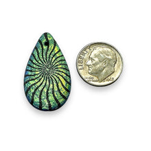Load image into Gallery viewer, Czech glass teardrop laser tattoo kaleidoscope beads 4pc black AB 30x18mm
