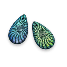 Load image into Gallery viewer, Czech glass teardrop laser tattoo kaleidoscope beads 4pc black AB 30x18mm

