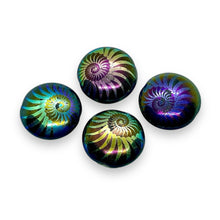 Load image into Gallery viewer, Czech glass laser tattoo nautilus puffed coin beads 4pc jet iris 20mm
