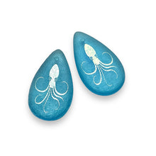 Load image into Gallery viewer, Czech glass teardrop laser tattoo squid beads 4pc blue AB 30x18mm
