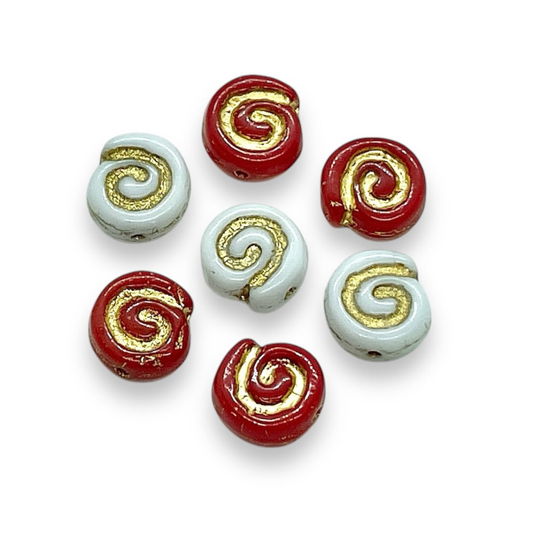 Czech glass spiral roll snail beads 24pc red white gold Christmas mix 8mm