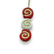 Load image into Gallery viewer, Czech glass spiral roll snail beads 24pc red white gold Christmas mix 8mm
