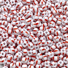 Load image into Gallery viewer, Czech glass Christmas peppermint red white striped 7/0 or 8/0? seed beads 20g
