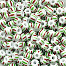 Load image into Gallery viewer, Czech glass Christmas peppermint green red white striped 5/0 seed beads 20g
