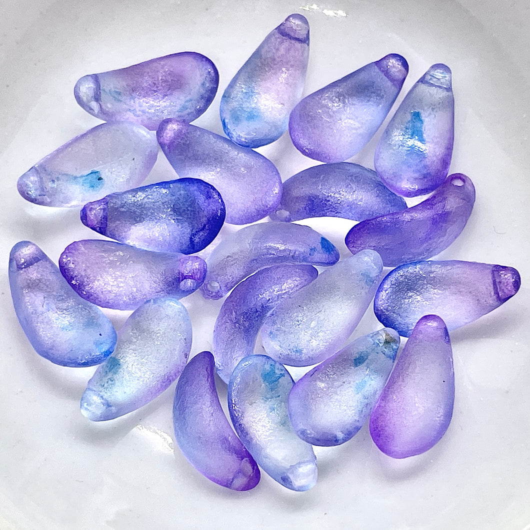 Czech glass curved flower petal beads 20pc etched purple blue 13x7mm