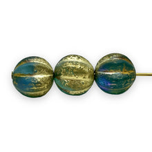 Load image into Gallery viewer, Czech glass acid etched round melon beads 15pc blue AB gold 10mm
