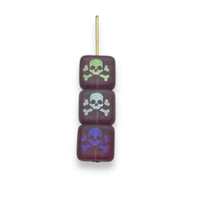 Load image into Gallery viewer, Czech glass laser tattoo pirate skull crossbones square tile beads 12pc red fuchsia AB 10mm
