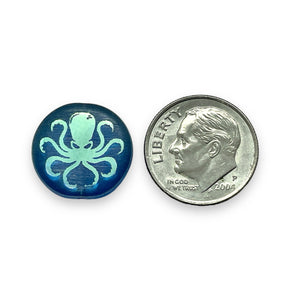 Czech glass laser tattoo octopus coin beads 8pc capri blue AB 16mm