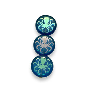 Czech glass laser tattoo octopus coin beads 8pc capri blue AB 16mm