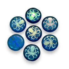 Load image into Gallery viewer, Czech glass laser tattoo octopus coin beads 8pc capri blue AB 16mm
