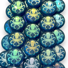 Load image into Gallery viewer, Czech glass laser tattoo octopus coin beads 8pc capri blue AB 16mm

