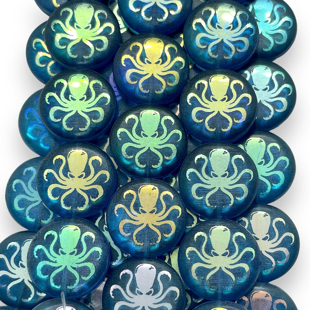 Czech glass laser tattoo octopus coin beads 8pc capri blue AB 16mm