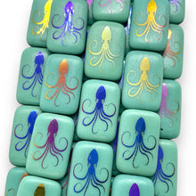 Load image into Gallery viewer, Czech glass laser tattoo squid rectangle beads 6pc turquoise sliperit 18x12mm
