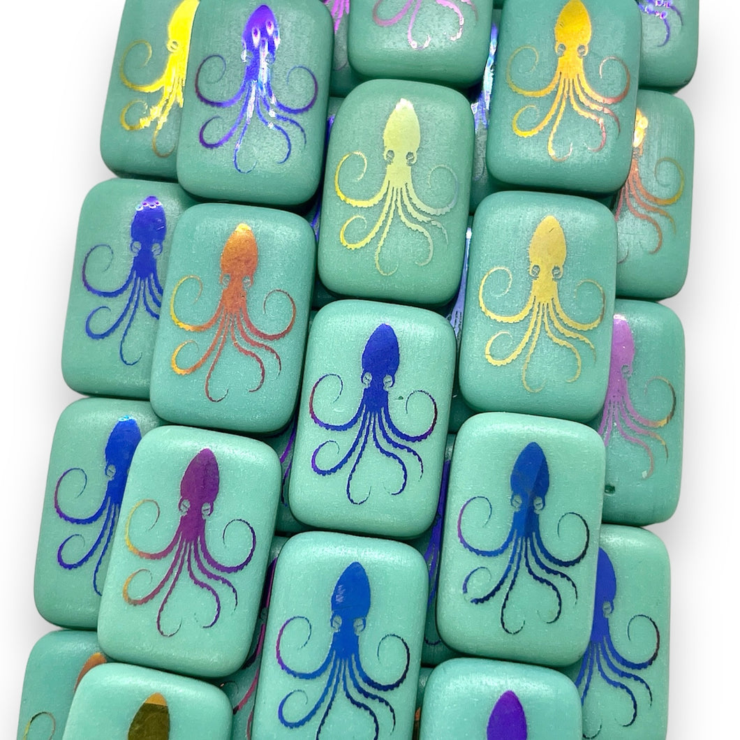 Czech glass laser tattoo squid rectangle beads 6pc turquoise sliperit 18x12mm