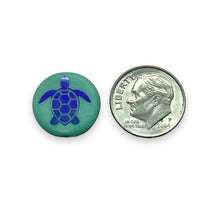 Load image into Gallery viewer, Czech glass laser tattoo sea turtle coin beads 8pc turquoise iris 16mm

