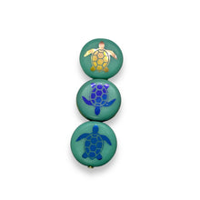 Load image into Gallery viewer, Czech glass laser tattoo sea turtle coin beads 8pc turquoise iris 16mm
