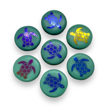 Load image into Gallery viewer, Czech glass laser tattoo sea turtle coin beads 8pc turquoise iris 16mm
