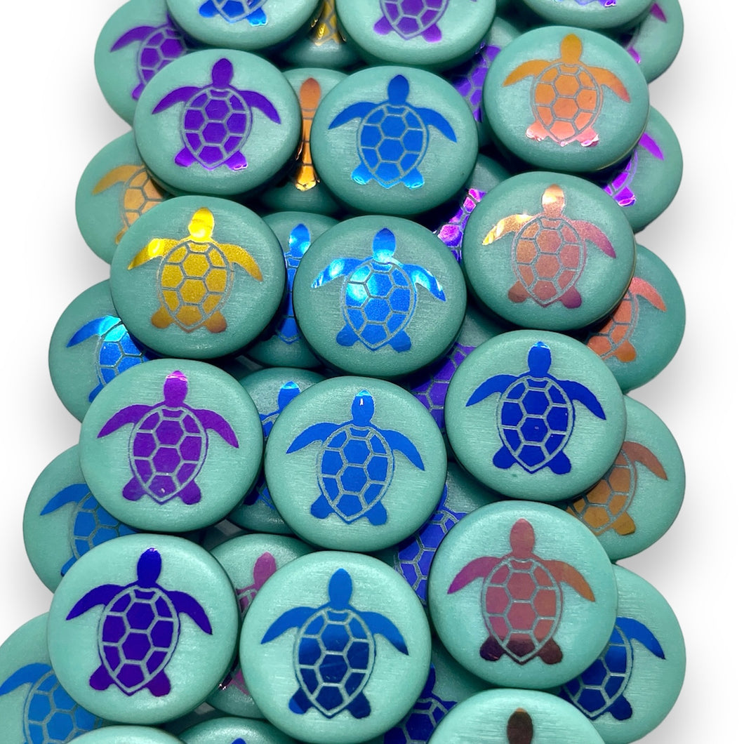 Czech glass laser tattoo sea turtle coin beads 8pc turquoise iris 16mm