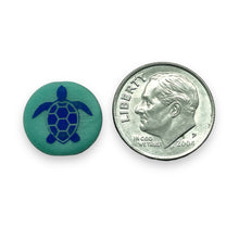 Load image into Gallery viewer, Czech glass laser tattoo sea turtle coin beads 8pc turquoise azuro 14mm
