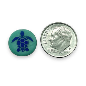Czech glass laser tattoo sea turtle coin beads 8pc turquoise azuro 14mm