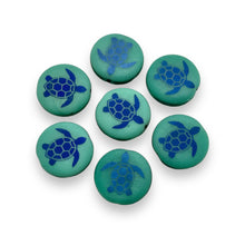 Load image into Gallery viewer, Czech glass laser tattoo sea turtle coin beads 8pc turquoise azuro 14mm
