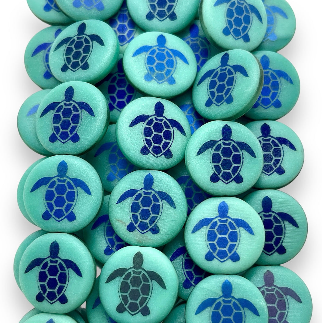 Czech glass laser tattoo sea turtle coin beads 8pc turquoise azuro 14mm