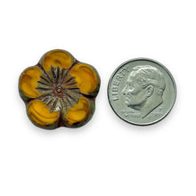 Load image into Gallery viewer, Czech glass XL table cut hibiscus flower beads 4pc orange picasso 21mm
