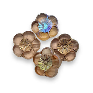 Czech glass XL table cut hibiscus flower beads 4pc peach copper AB 21mm